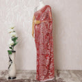 Scarlet red, gold, silver Premium pure French metallic chantilly lace saree having stone work in floral design-D14541