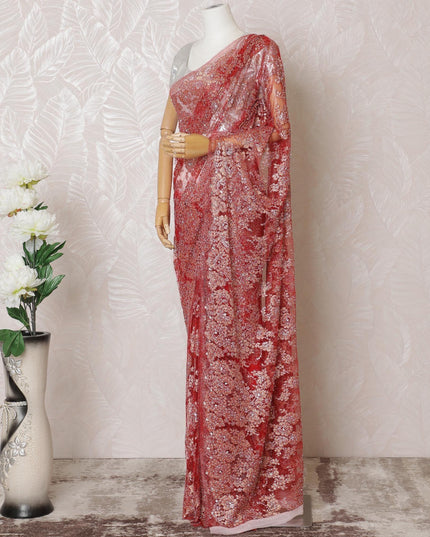 Scarlet red, gold, silver Premium pure French metallic chantilly lace saree having stone work in floral design-D14541