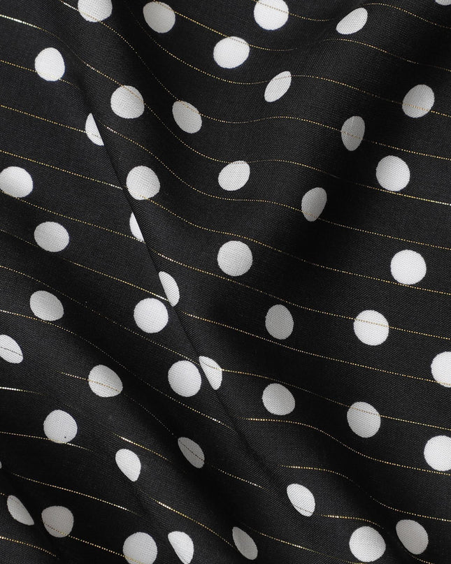 Black viscose crepe printed fabric with white prints and golden lurex in polka dot design-D11155
