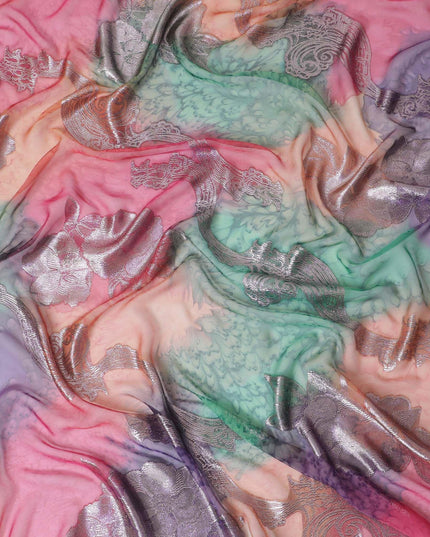 قماش شيفون حريري فرنسي (فرنساوي) فاخر متعدد الألوان مع لوركس معدني ذهبي بتصميم زهور-D14018
