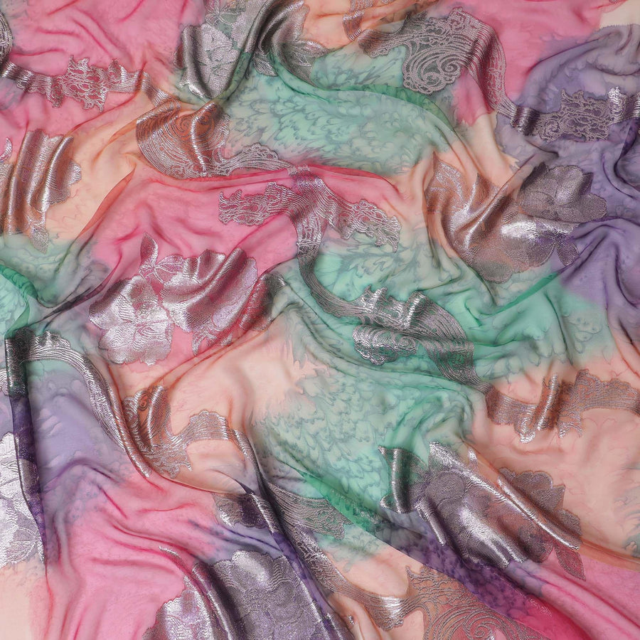 قماش شيفون حريري فرنسي (فرنساوي) فاخر متعدد الألوان مع لوركس معدني ذهبي بتصميم زهور-D14018