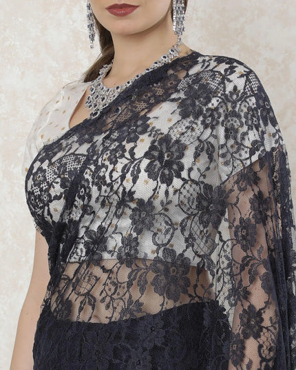 Navy blue, blue Premium French chantilly lace saree in floral design-D11458 Regal Fabrics