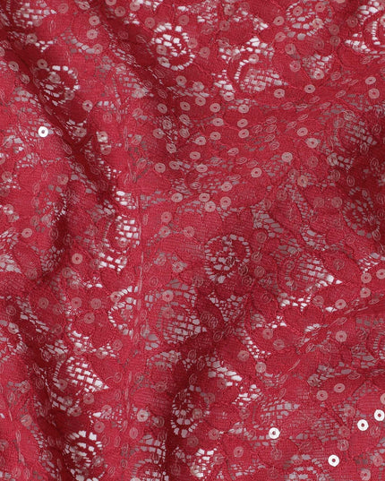 Maroon nylon soft tulle fabric with same tone embroidery having sequins in fancy design-D11675