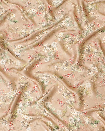 Sandy brown viscose modal satin fabric with ruby pink, olive green and beige print in floral design-D7429 Regal Fabrics