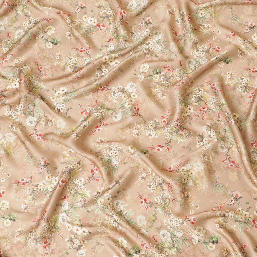 Sandy brown viscose modal satin fabric with ruby pink, olive green and beige print in floral design-D7429 Regal Fabrics