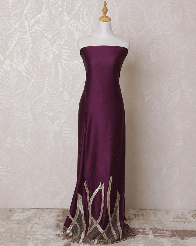 Dark plum blended cotton lawn fabric with gold embroidery having stone work in fancy design-D14734 Regal Fabrics