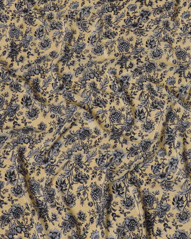 Sage green silk crepe fabric with black and grey print in floral design-D8397 Regal Fabrics