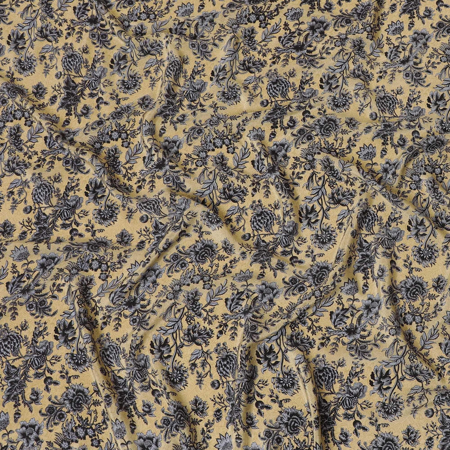 Sage green silk crepe fabric with black and grey print in floral design-D8397