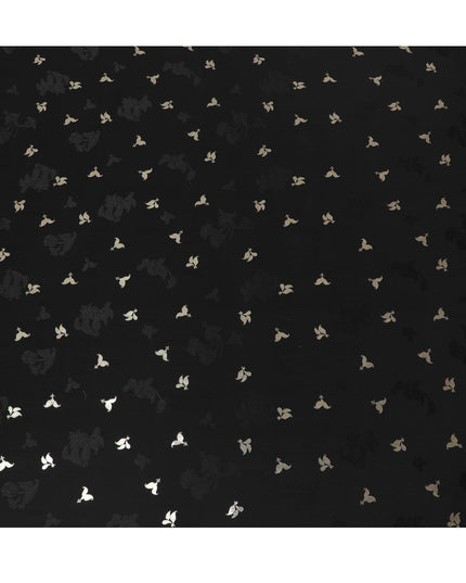 Black Premium pure silk crepe fabric with same tone jacquard having gold metallic lurex weave in floral design-D14638
