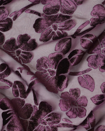Purple silk chiffon dirac (makmal) fabric with same tone and gold velvet jacquard in floral design-D8653 Regal Fabrics