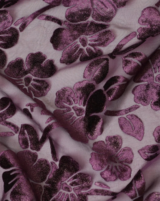 Purple silk chiffon dirac (makmal) fabric with same tone and gold velvet jacquard in floral design-D8653 Regal Fabrics