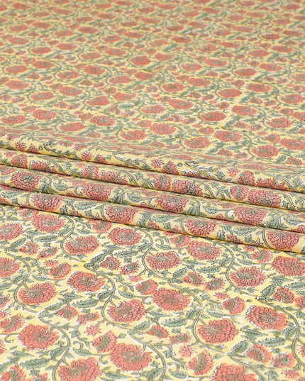 Flax yellow cotton lawn fabric with olive green, brick pink and black print in floral design-D8438 Regal Fabrics