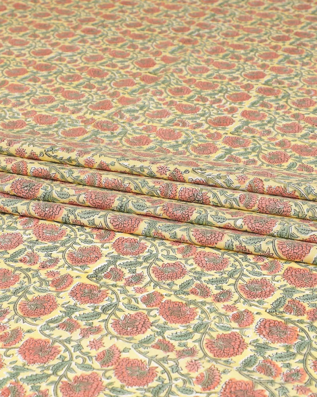 Flax yellow cotton lawn fabric with olive green, brick pink and black print in floral design-D8438 Regal Fabrics