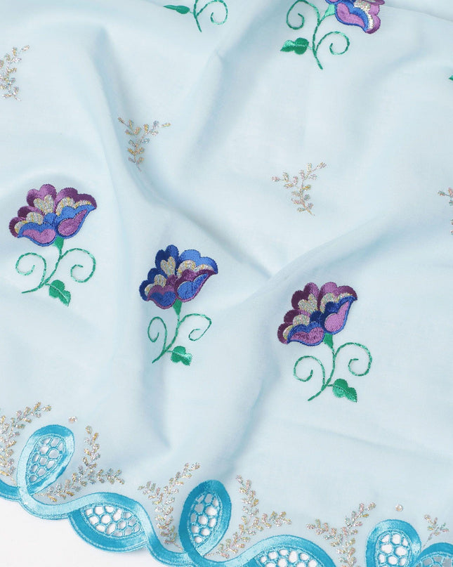 Powder blue Premium Swiss cotton voile (Thobe) fabric with forest green, purple, blue, multicolor lurex embroidery having stone work in floral design-D8009