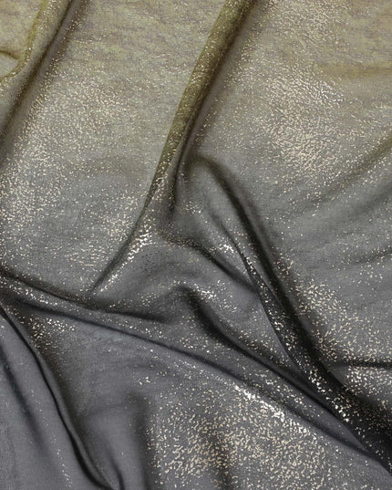 Tea green to black synthetic chiffon fabric having gold metallic foil in ombre design-D10656 Regal Fabrics