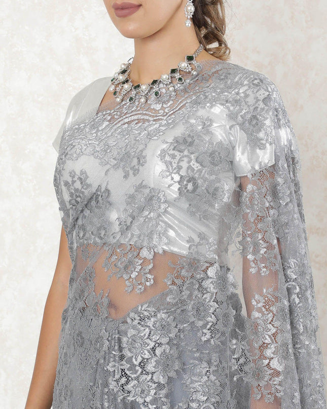 Grey, Silver Premium French metallic lace saree in floral design-D10910