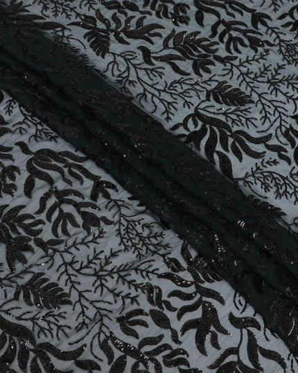 Bottle green premium pure silk chiffon fabric with same tone sequin embroidery in floral design-D13207