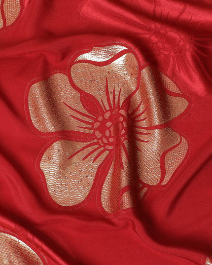 Crimson red Premium pure silk crepe fabric with same tone jacquard and gold metallic lurex in floral design-D14632 - Regal Fabrics