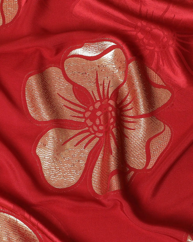 Crimson red Premium pure silk crepe fabric with same tone jacquard and gold metallic lurex in floral design-D14632 Regal Fabrics