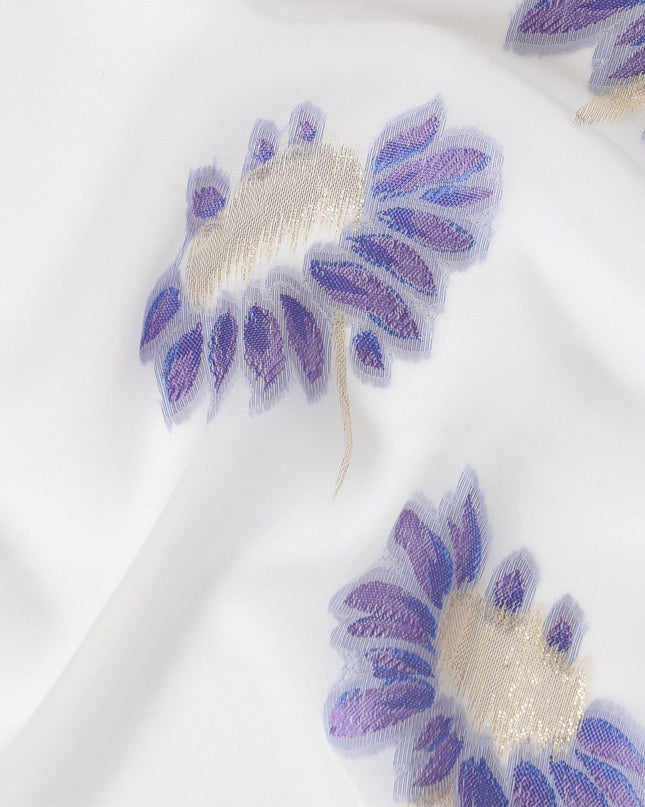 قماش شيفون من الحرير الخالص الأبيض الفاخر مع الفيسكوز الأزرق مع اللوريكس المعدني الذهبي بتصميم الأزهار-D14234