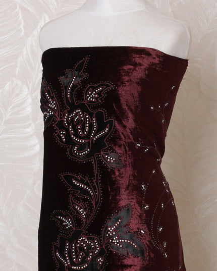 Dark maroon silk blended velvet fabric with same tone embroidery, black flock having stone work in fancy design-D15093