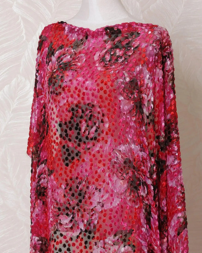 Magenta pink Premium pure Italian silk blended velvet makmal dirac fabric with multicolor print and same tone metallic lurex in floral design-D15115 Regal Fabrics