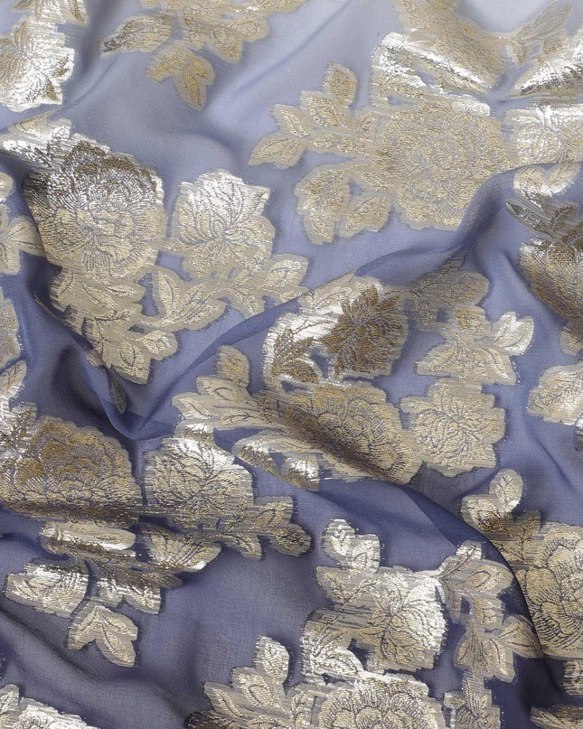 قماش شيفون حريري خالص فاخر من الأزرق الداكن إلى الأزرق الفاتح مع لوركس معدني ذهبي بتصميم زهور-D10617
