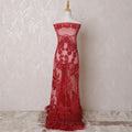 Crimson red nylon tulle fabric with same tone bead work, sequin work having feathers in fancy design-D14706