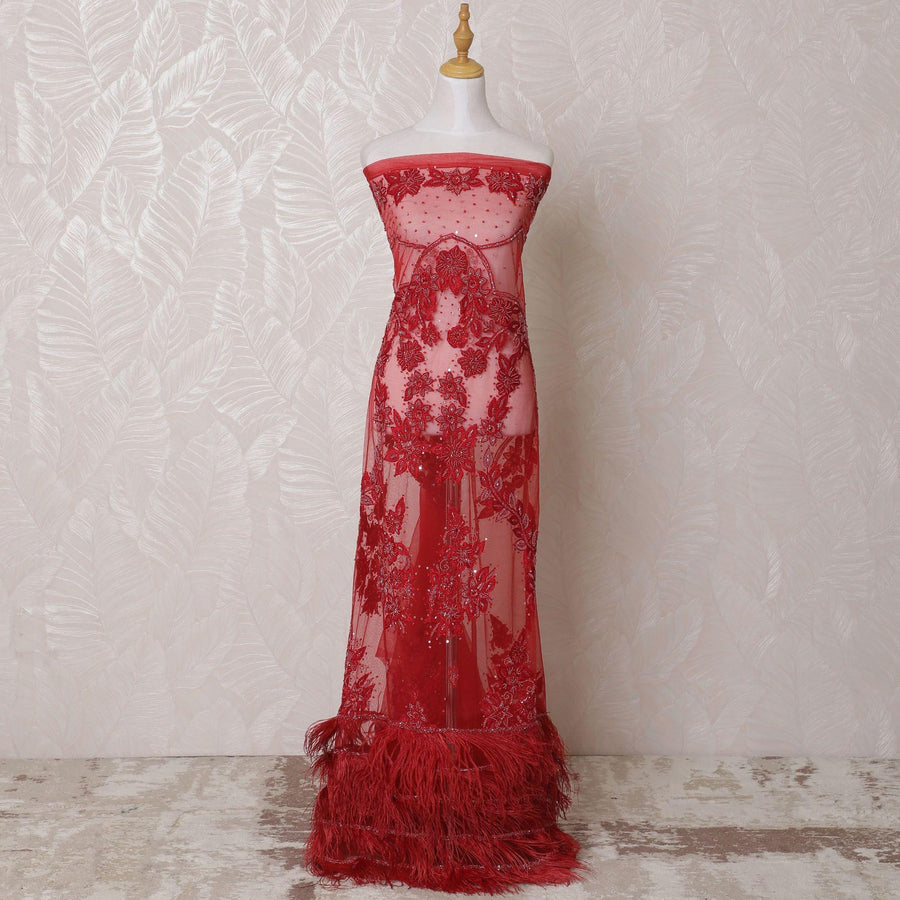 Crimson red nylon tulle fabric with same tone bead work, sequin work having feathers in fancy design-D14706