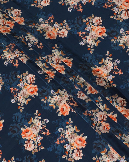 Navy blue premium pure silk crepe fabric with multicolor print in floral design-D13858 Regal Fabrics