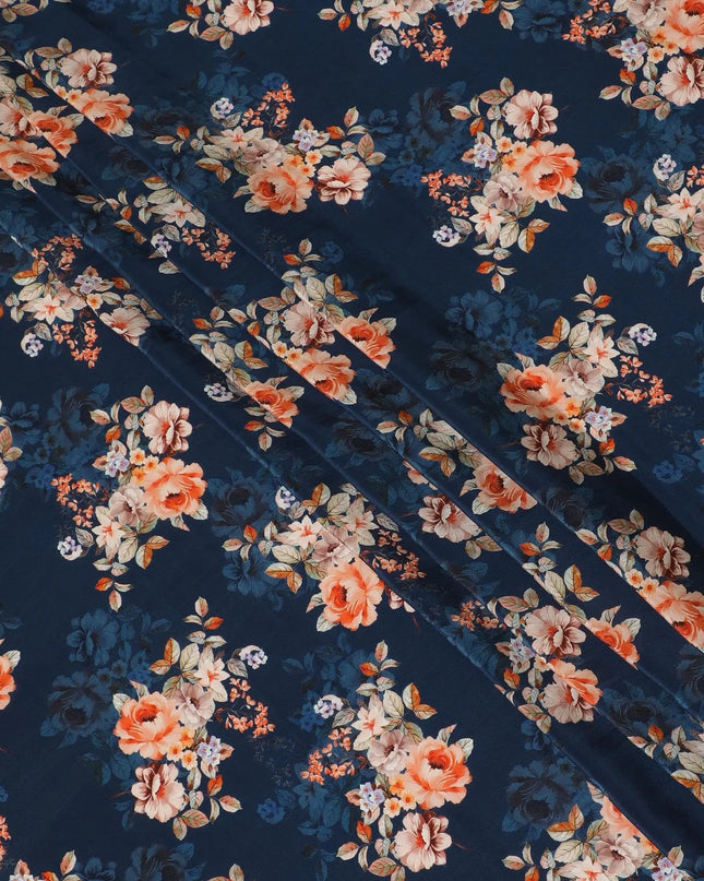 Navy blue premium pure silk crepe fabric with multicolor print in floral design-D13858 Regal Fabrics