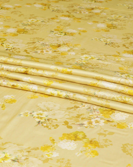 Laguna yellow viscose modal satin fabric with off white and light mustard print in floral design-D7425