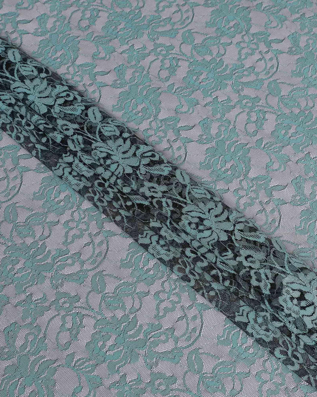 Black lace fabric with vista blue embroidery in floral design-D13286