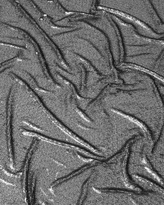 Black nylon tulle fabric with silver grey printed sequins in party wear design