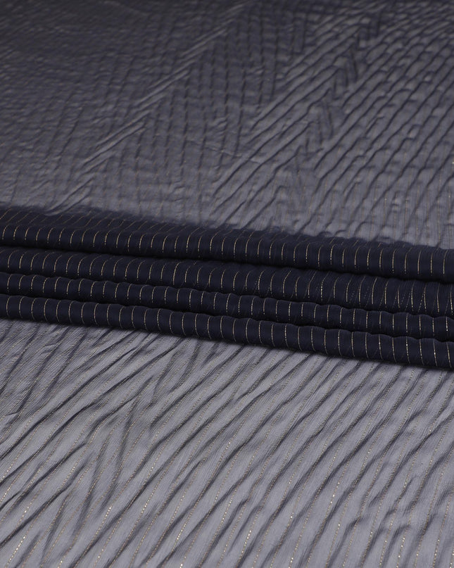 قماش شيفون من الحرير الخالص باللون الأزرق الداكن مع لوريكس معدني ذهبي بتصميم مخطط - D8596