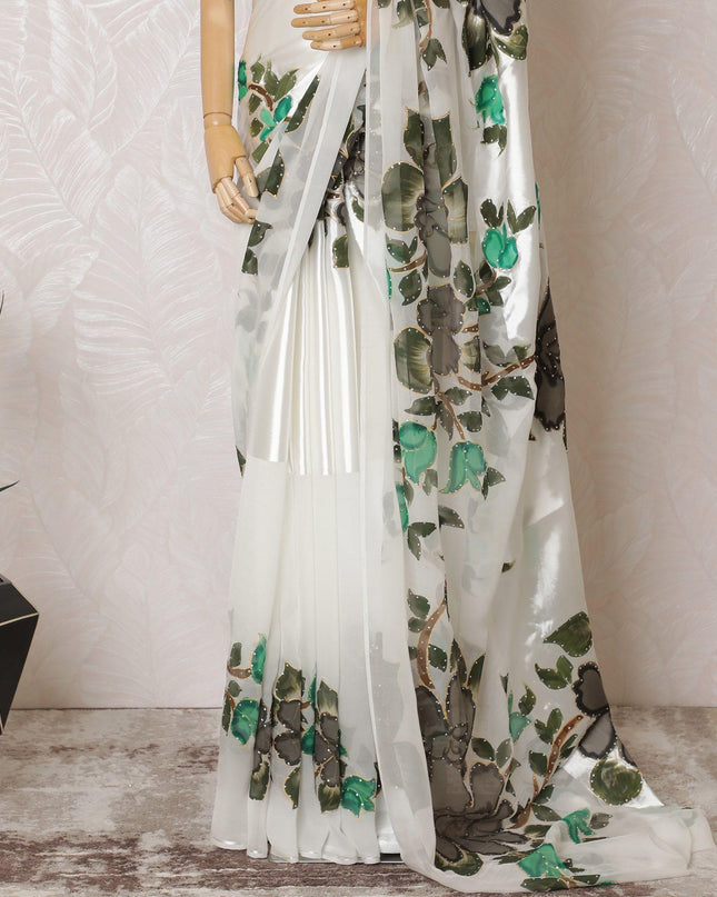 White Premium pure silk chiffon to satin saree having multicolor hand paint and stone work in floral design-D15497