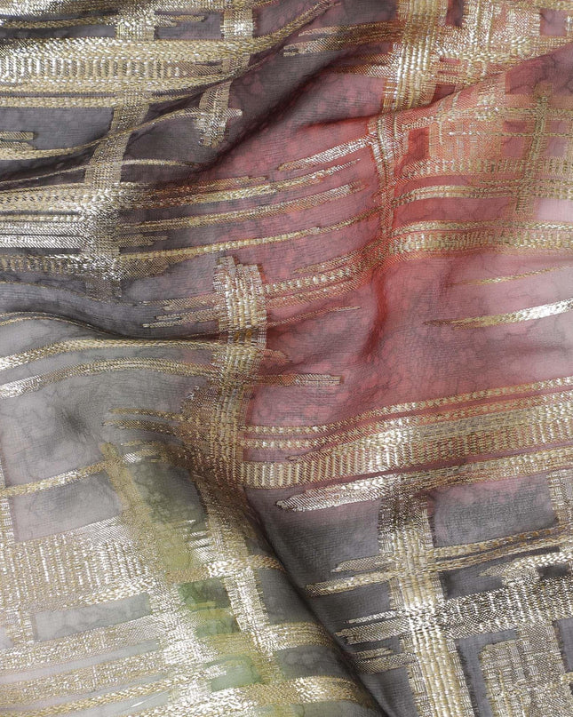 قماش شيفون من الحرير الخالص متعدد الألوان مع لوركس معدني ذهبي بتصميم الباتيك-D14301