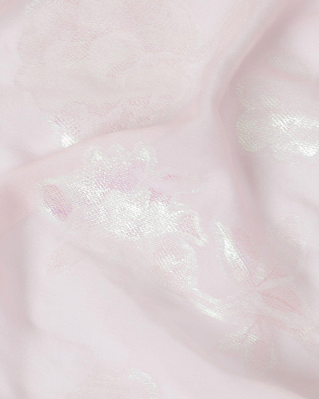Baby pink premium pure silk chiffon fabric with neon green metallic lurex in floral design-D12415