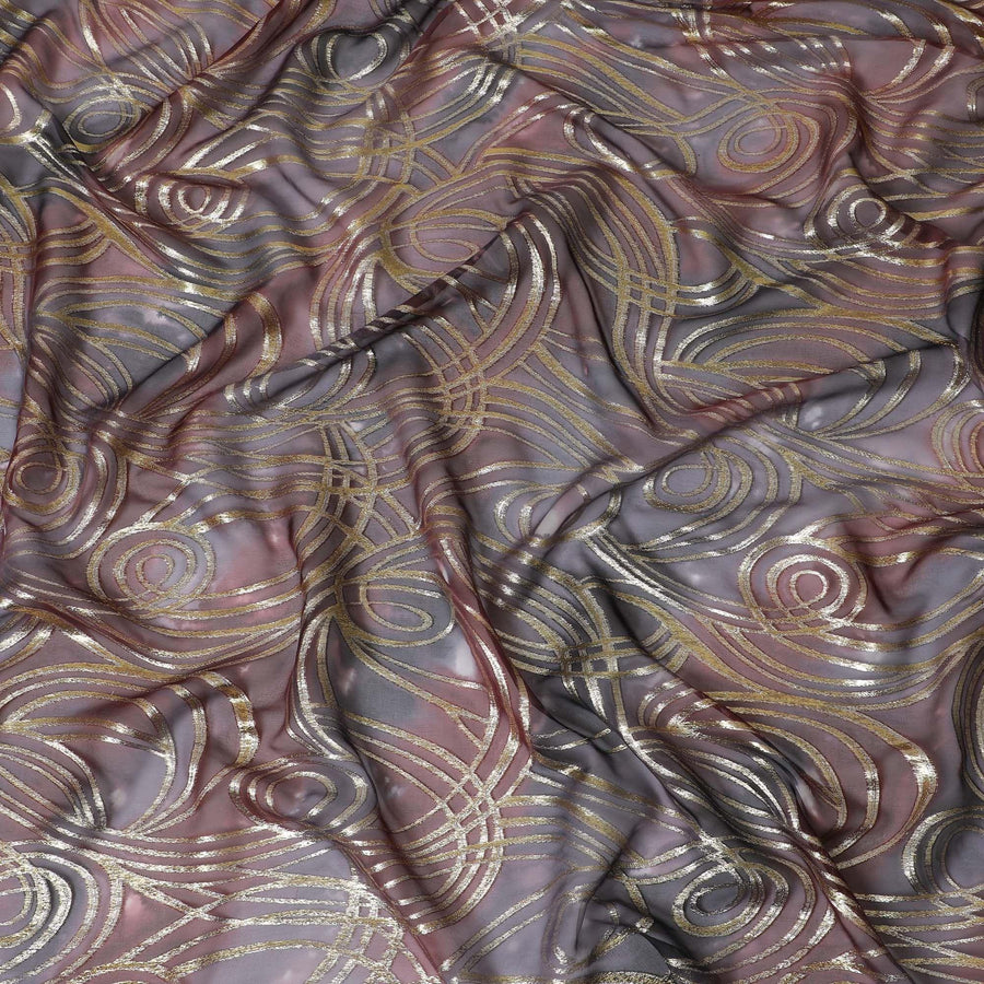 قماش شيفون من الحرير الخالص متعدد الألوان مع لوريكس معدني ذهبي بتصميم تجريدي-D14079