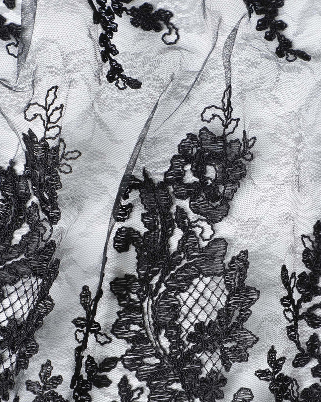 Black nylon tulle fabric with same tone embroidery in fancy design-D5970