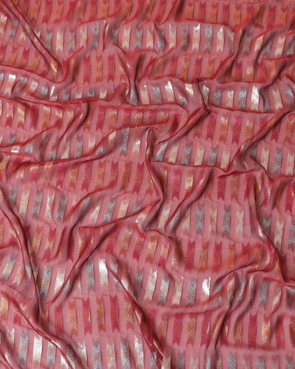Barn red premium pure silk chiffon fabric with multicolor metallic lurex in abstract design-D10037