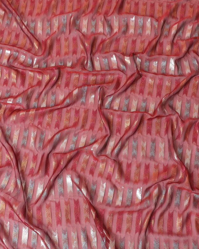 قماش شيفون من الحرير الخالص الفاخر باللون الأحمر مع لوريكس معدني متعدد الألوان بتصميم تجريدي-D10037