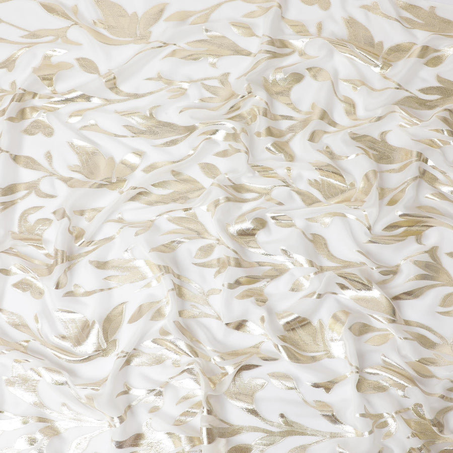 White Premium pure silk chiffon with gold metallic lurex in Leaf design-D11357