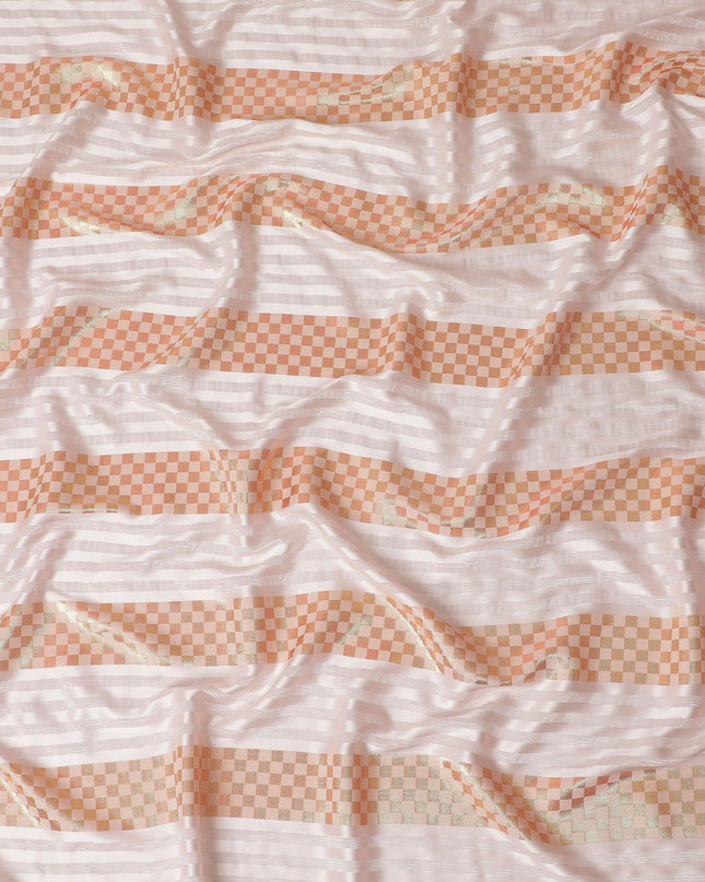 Light peach synthetic crepe fabric with gold metallic lurex weave in stripe design-D15381