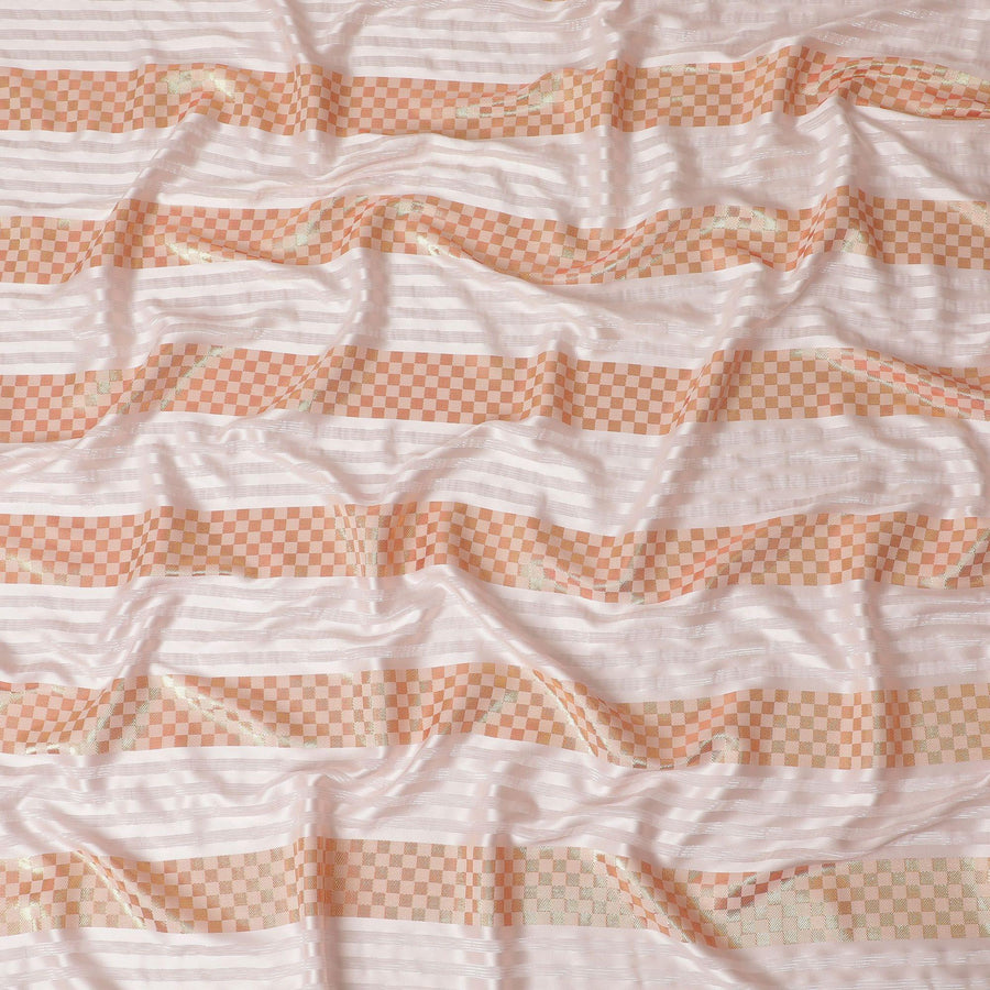 Light peach synthetic crepe fabric with gold metallic lurex weave in stripe design-D15381