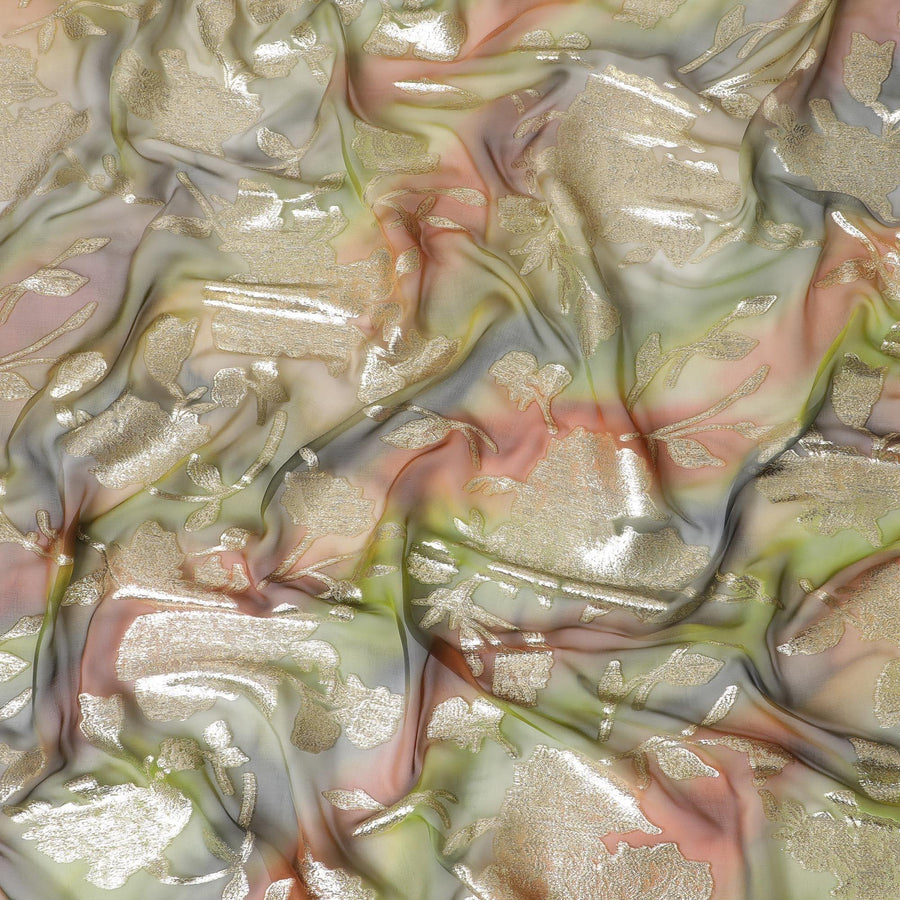 Multicolor Premium pure silk chiffon with gold metallic lurex in floral design-D11378