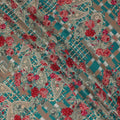 Teal green synthetic crepe fabric with multicolor print having stone work in floral design-D15293 - Regal Fabrics