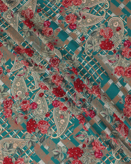 Teal green synthetic crepe fabric with multicolor print having stone work in floral design-D15293 - Regal Fabrics