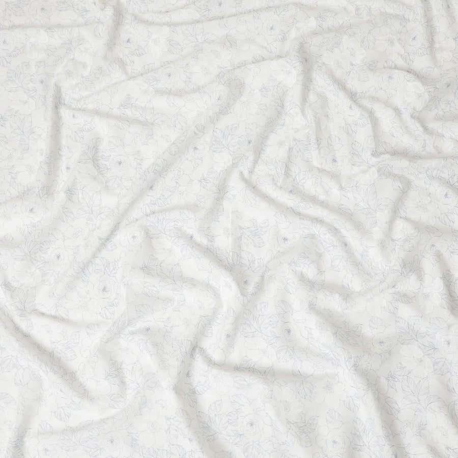 قماش الكتان الإيطالي النقي الفاخر باللون الأبيض الفاتح مع طباعة باللونين الأزرق والأبيض بتصميم الأزهار-D13995