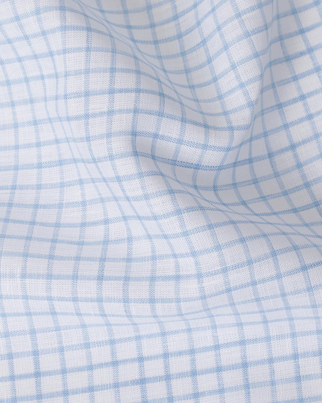 قماش الكتان الخالص الأبيض الفاخر مع طباعة زرقاء فاتحة بتصميم المربعات -D12277